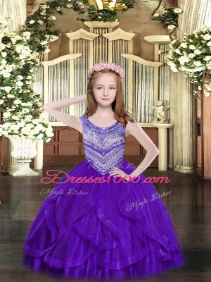 New Arrival Purple Sleeveless Floor Length Beading and Ruffles Lace Up Teens Party Dress