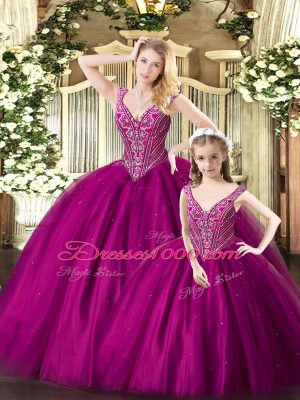 Floor Length Ball Gowns Sleeveless Fuchsia Vestidos de Quinceanera Lace Up