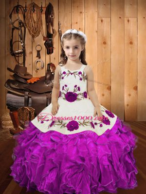 Hot Sale Organza Sleeveless Floor Length Juniors Party Dress and Embroidery and Ruffles and Hand Made Flower