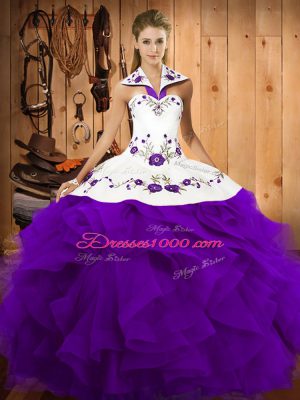 Halter Top Sleeveless Lace Up 15 Quinceanera Dress Purple Tulle