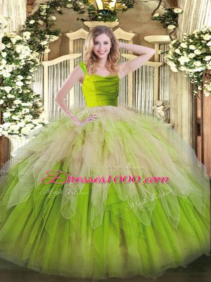 Enchanting Floor Length Zipper Quince Ball Gowns Yellow Green for Military Ball and Sweet 16 and Quinceanera with Lace and Ruffles