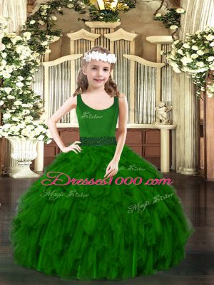 Dazzling Floor Length Dark Green Kids Formal Wear Organza Sleeveless Beading and Ruffles