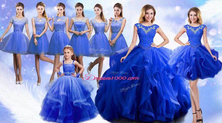 Organza Scoop Sleeveless Lace Up Beading and Ruffles Quinceanera Dress in Blue