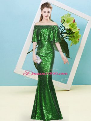 Dark Green Half Sleeves Sequins Floor Length Teens Party Dress