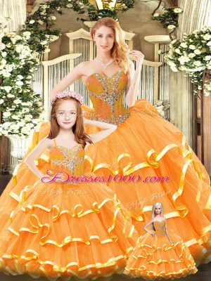 Traditional Sweetheart Sleeveless Lace Up 15 Quinceanera Dress Orange Red Tulle