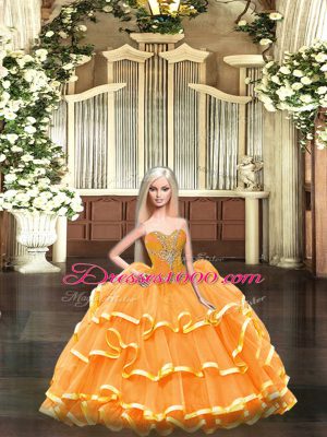 Traditional Sweetheart Sleeveless Lace Up 15 Quinceanera Dress Orange Red Tulle