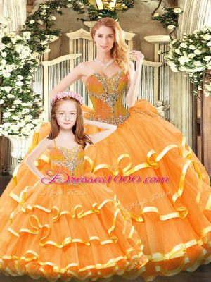 Traditional Sweetheart Sleeveless Lace Up 15 Quinceanera Dress Orange Red Tulle