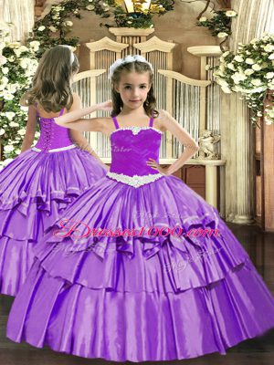 Organza Straps Sleeveless Lace Up Appliques and Ruffled Layers Pageant Dress for Girls in Lavender