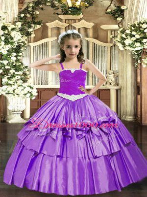 Organza Straps Sleeveless Lace Up Appliques and Ruffled Layers Pageant Dress for Girls in Lavender