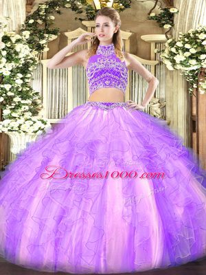 Fantastic Lavender Two Pieces High-neck Sleeveless Tulle Floor Length Backless Beading and Ruffles Quince Ball Gowns