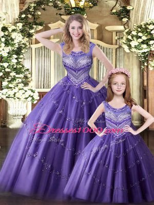 Sexy Eggplant Purple Scoop Neckline Beading Quince Ball Gowns Sleeveless Lace Up