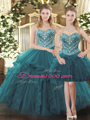 Teal Sweetheart Neckline Beading and Ruffles Quinceanera Gowns Sleeveless Lace Up