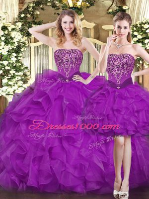 Spectacular Purple Three Pieces Sweetheart Sleeveless Organza Floor Length Lace Up Beading and Ruffles Ball Gown Prom Dress