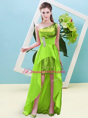 Vintage High Low Yellow Green Prom Evening Gown Elastic Woven Satin and Sequined Sleeveless Beading and Sequins