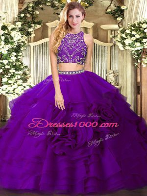 Tulle High-neck Sleeveless Zipper Beading and Ruffled Layers Quinceanera Dresses in Eggplant Purple