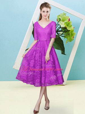 Half Sleeves Tea Length Bowknot Lace Up Dama Dress for Quinceanera with Fuchsia