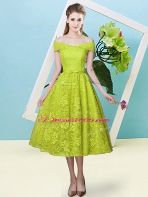 Graceful Empire Bridesmaid Gown Olive Green Off The Shoulder Lace Cap Sleeves Tea Length Lace Up