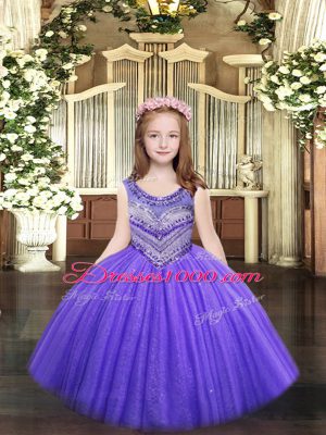 Great Beading Little Girls Pageant Dress Wholesale Lavender Lace Up Sleeveless Floor Length