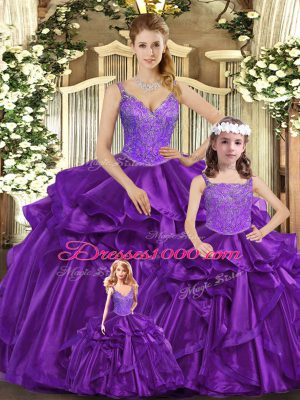 Modest Ball Gowns 15 Quinceanera Dress Purple Straps Organza Sleeveless Floor Length Lace Up