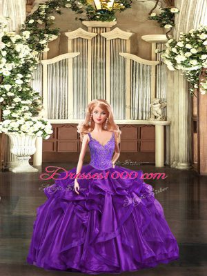 Modest Ball Gowns 15 Quinceanera Dress Purple Straps Organza Sleeveless Floor Length Lace Up