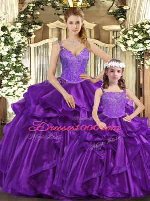 Modest Ball Gowns 15 Quinceanera Dress Purple Straps Organza Sleeveless Floor Length Lace Up