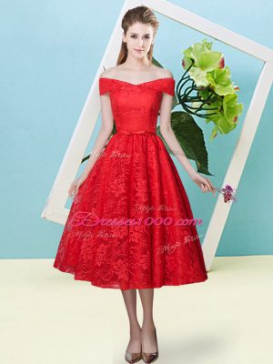 Customized Red Empire Lace Off The Shoulder Cap Sleeves Bowknot Tea Length Lace Up Quinceanera Court of Honor Dress