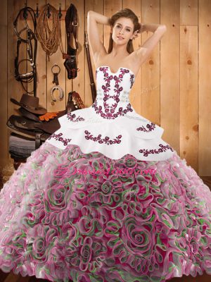 Traditional Strapless Sleeveless Quinceanera Gowns With Train Sweep Train Embroidery Multi-color Satin and Fabric With Rolling Flowers