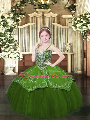 Attractive Olive Green Satin and Organza Lace Up Evening Gowns Sleeveless Floor Length Beading and Embroidery