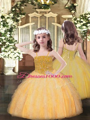 Ball Gowns High School Pageant Dress Orange Spaghetti Straps Organza Sleeveless Floor Length Lace Up