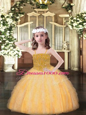 Ball Gowns High School Pageant Dress Orange Spaghetti Straps Organza Sleeveless Floor Length Lace Up