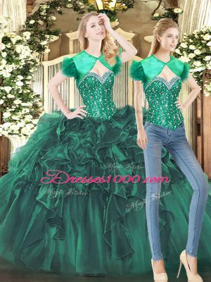 Dark Green Sleeveless Tulle Lace Up 15 Quinceanera Dress for Military Ball and Sweet 16 and Quinceanera