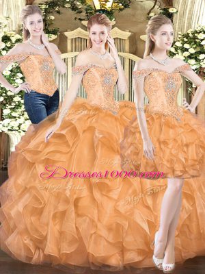 Sleeveless Floor Length Ruffles Lace Up Sweet 16 Dress with Orange Red