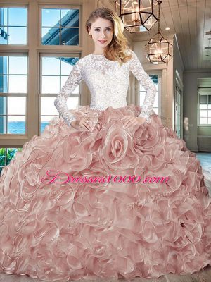 Custom Fit Pink And White Ball Gowns Scoop Long Sleeves Lace and Fabric With Rolling Flowers Brush Train Lace Up Beading and Ruffles Ball Gown Prom Dress