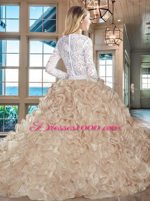 Custom Fit Pink And White Ball Gowns Scoop Long Sleeves Lace and Fabric With Rolling Flowers Brush Train Lace Up Beading and Ruffles Ball Gown Prom Dress