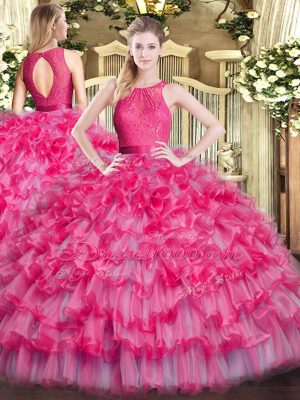 Modern Hot Pink Ball Gowns Scoop Sleeveless Organza Floor Length Zipper Lace and Ruffled Layers Quinceanera Gown