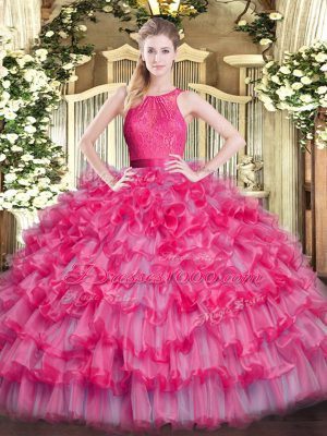 Modern Hot Pink Ball Gowns Scoop Sleeveless Organza Floor Length Zipper Lace and Ruffled Layers Quinceanera Gown