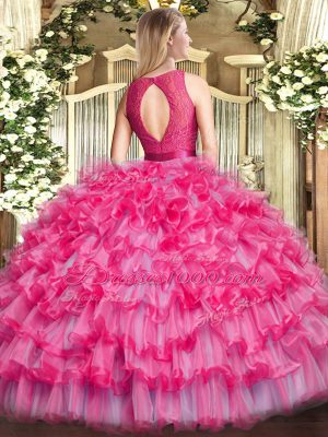 Modern Hot Pink Ball Gowns Scoop Sleeveless Organza Floor Length Zipper Lace and Ruffled Layers Quinceanera Gown