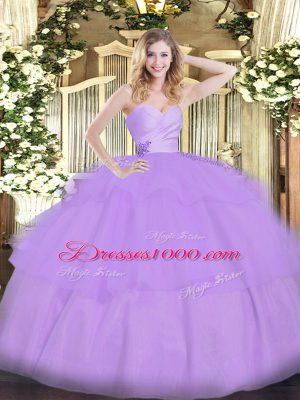 Sexy Floor Length Lace Up Quinceanera Gown Lavender for Military Ball and Sweet 16 and Quinceanera with Beading and Ruffled Layers