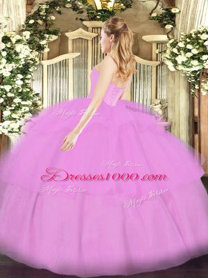 Sexy Floor Length Lace Up Quinceanera Gown Lavender for Military Ball and Sweet 16 and Quinceanera with Beading and Ruffled Layers