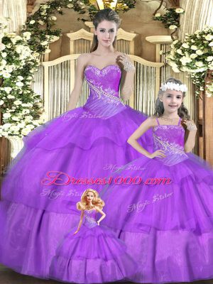 Hot Selling Lilac Ball Gowns Tulle Sweetheart Sleeveless Beading and Ruffles and Ruching Floor Length Lace Up Quinceanera Gown
