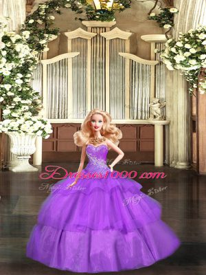 Hot Selling Lilac Ball Gowns Tulle Sweetheart Sleeveless Beading and Ruffles and Ruching Floor Length Lace Up Quinceanera Gown