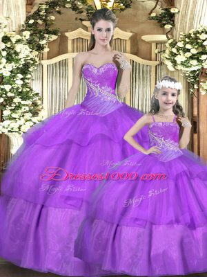 Hot Selling Lilac Ball Gowns Tulle Sweetheart Sleeveless Beading and Ruffles and Ruching Floor Length Lace Up Quinceanera Gown