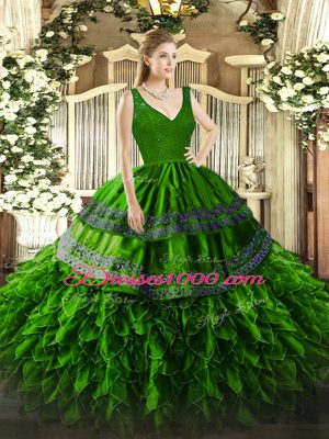 Adorable Sleeveless Floor Length Beading and Lace and Ruffles Backless 15 Quinceanera Dress with Green