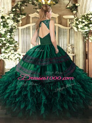 Adorable Sleeveless Floor Length Beading and Lace and Ruffles Backless 15 Quinceanera Dress with Green