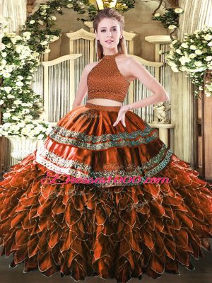 Elegant Rust Red Satin and Organza Backless Halter Top Sleeveless Floor Length Quince Ball Gowns Beading and Embroidery and Ruffles