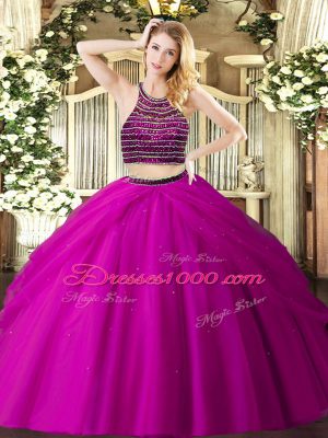 Simple Fuchsia Ball Gowns Halter Top Sleeveless Tulle Floor Length Zipper Beading and Ruching Quinceanera Gowns