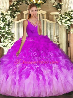 Best Selling Multi-color Ball Gowns V-neck Sleeveless Organza Floor Length Backless Ruffles Sweet 16 Dress