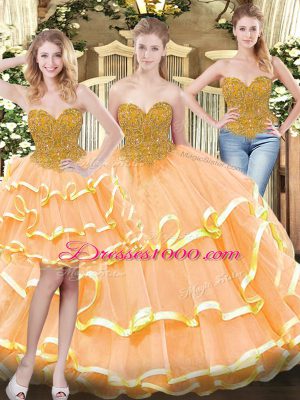 Traditional Peach Tulle Lace Up Sweet 16 Dresses Sleeveless Floor Length Beading and Ruffled Layers