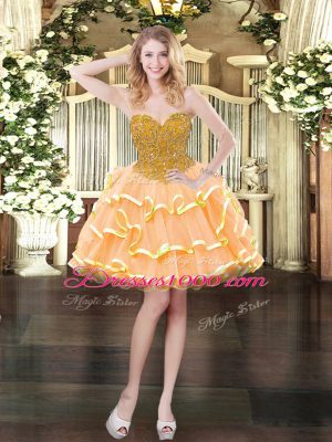 Traditional Peach Tulle Lace Up Sweet 16 Dresses Sleeveless Floor Length Beading and Ruffled Layers