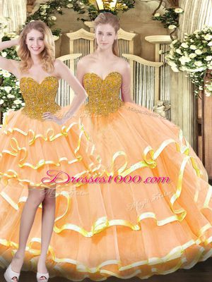 Traditional Peach Tulle Lace Up Sweet 16 Dresses Sleeveless Floor Length Beading and Ruffled Layers